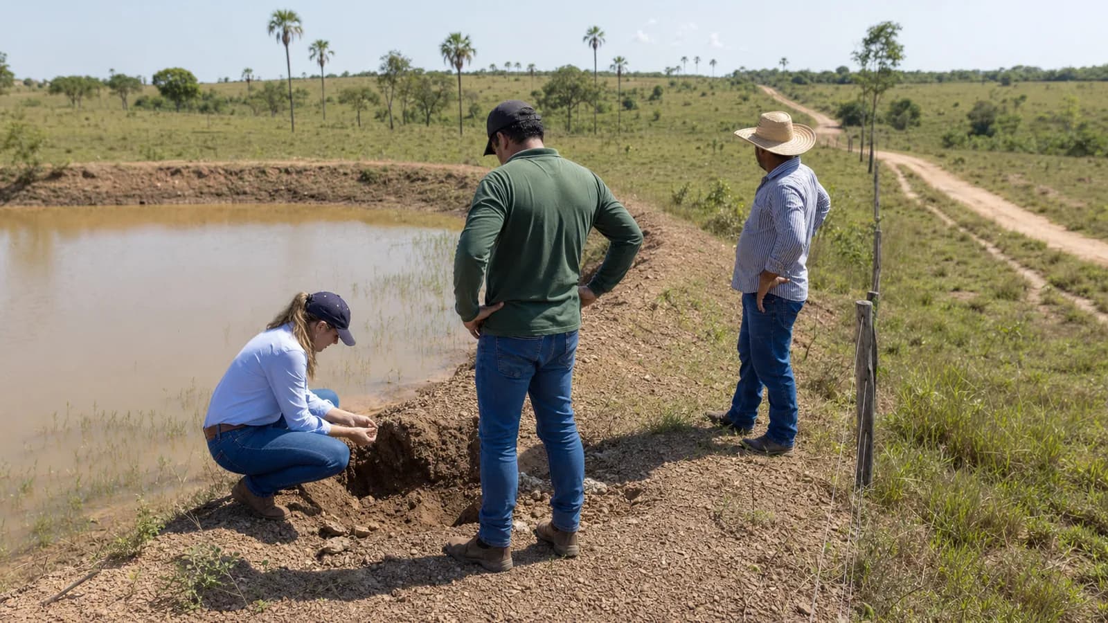 Equipe verifica solo, reservatório e estrada durante visita a uma propriedade rural