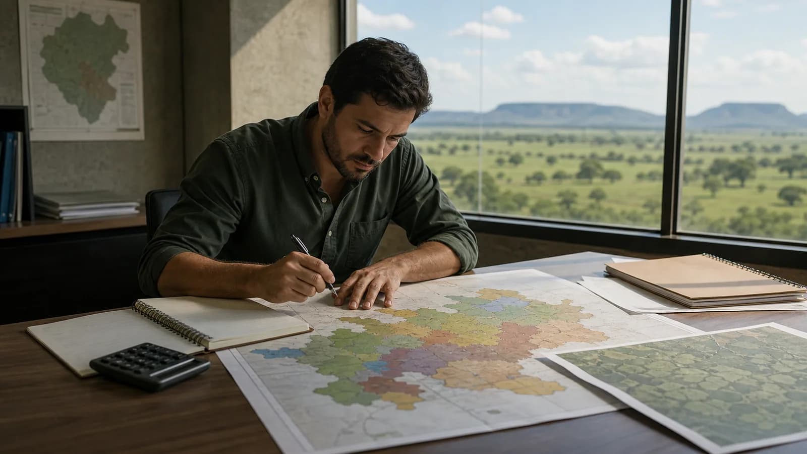 Analista consulta mapa regional e anotações sobre o mercado de terras