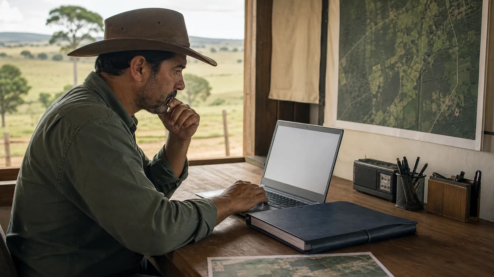 Produtor consulta um notebook ao lado de mapa e pasta cadastral em escritório rural