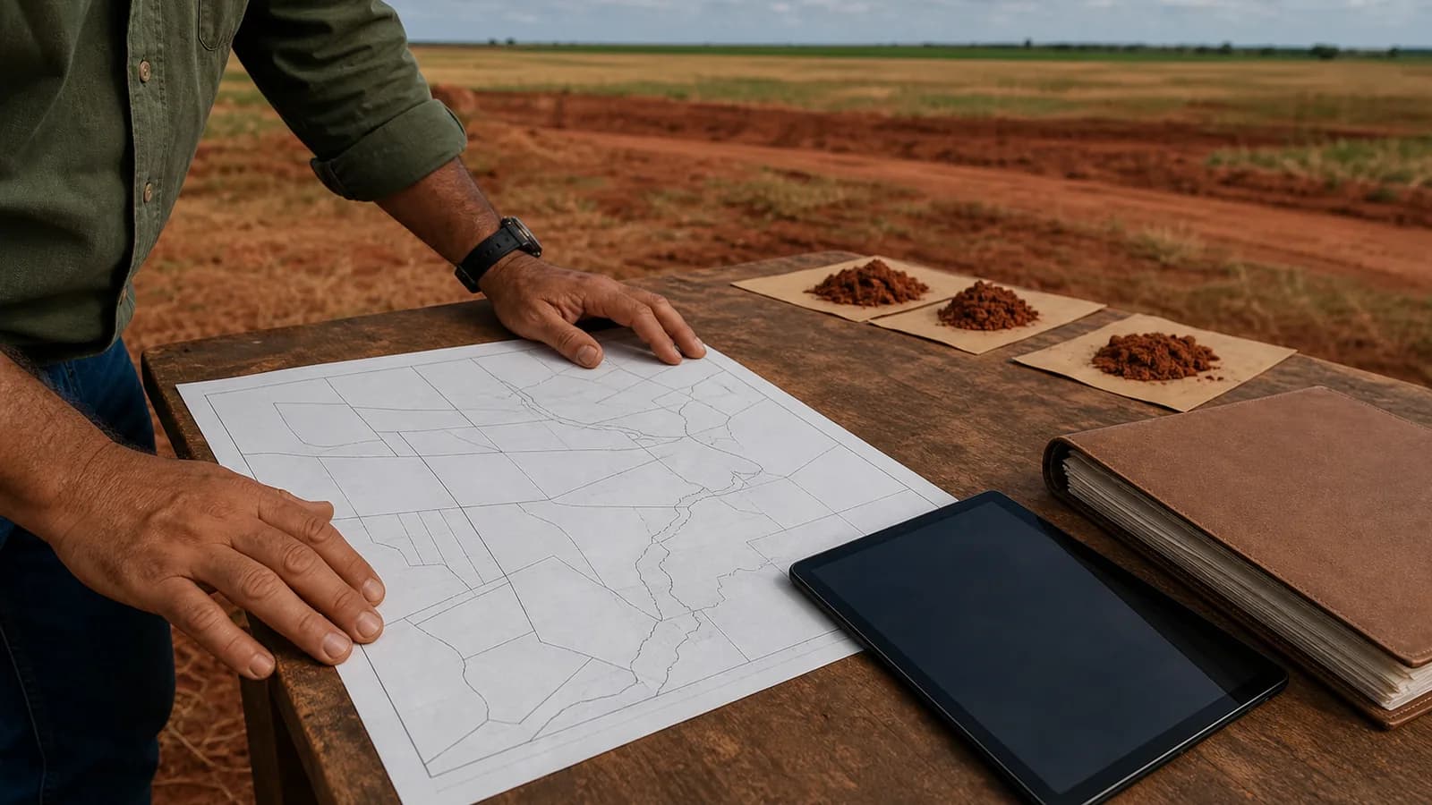 Técnico compara mapa cadastral, tablet e amostras de solo em uma propriedade rural
