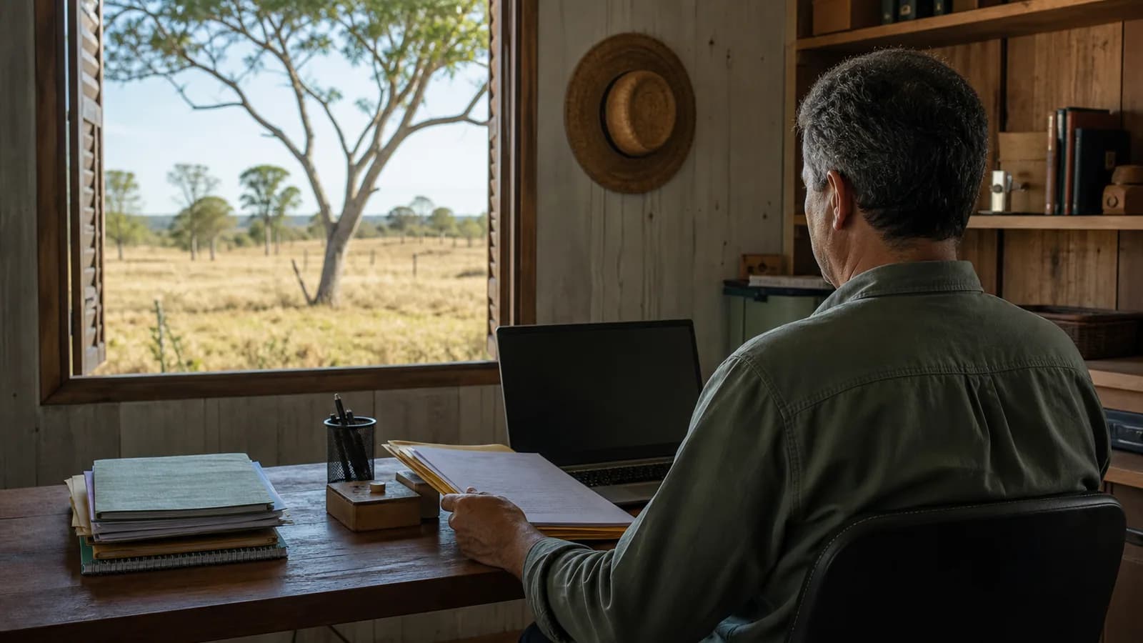 Proprietário rural revisa documentos fiscais em uma mesa com vista para a fazenda
