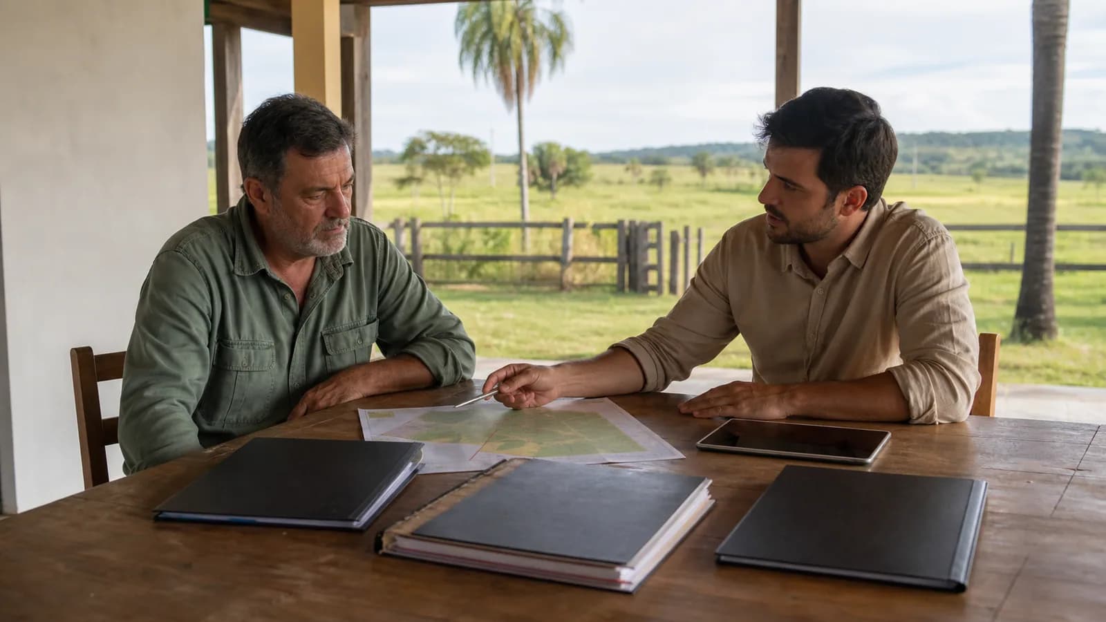 Proprietário e consultor revisam mapa e pastas de documentos em uma fazenda