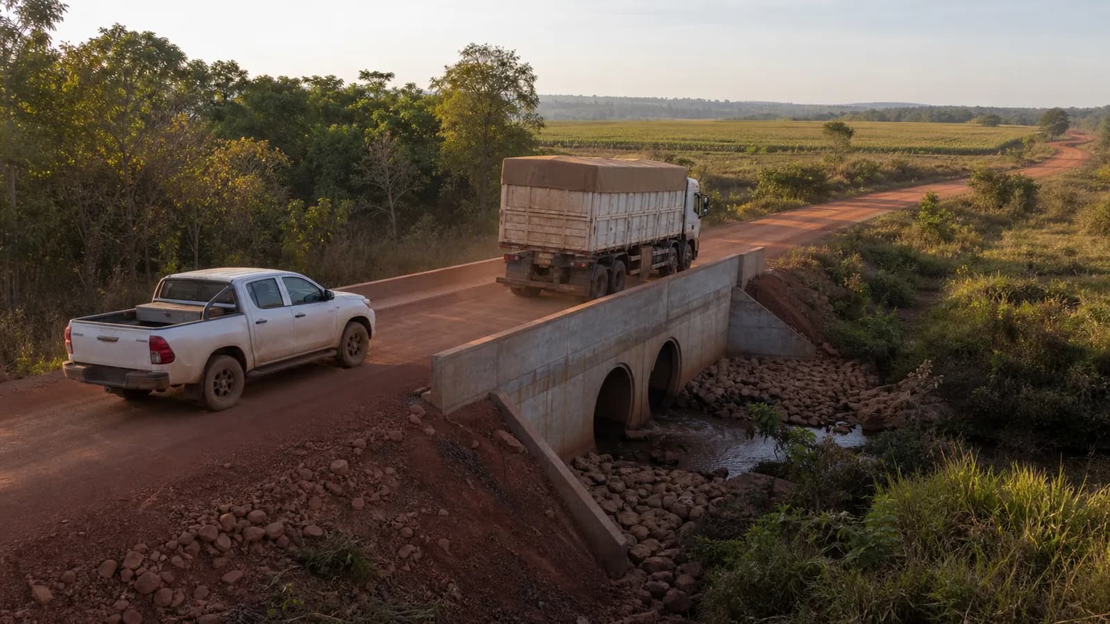 Caminhão graneleiro e caminhonete cruzam ponte em estrada rural do Tocantins