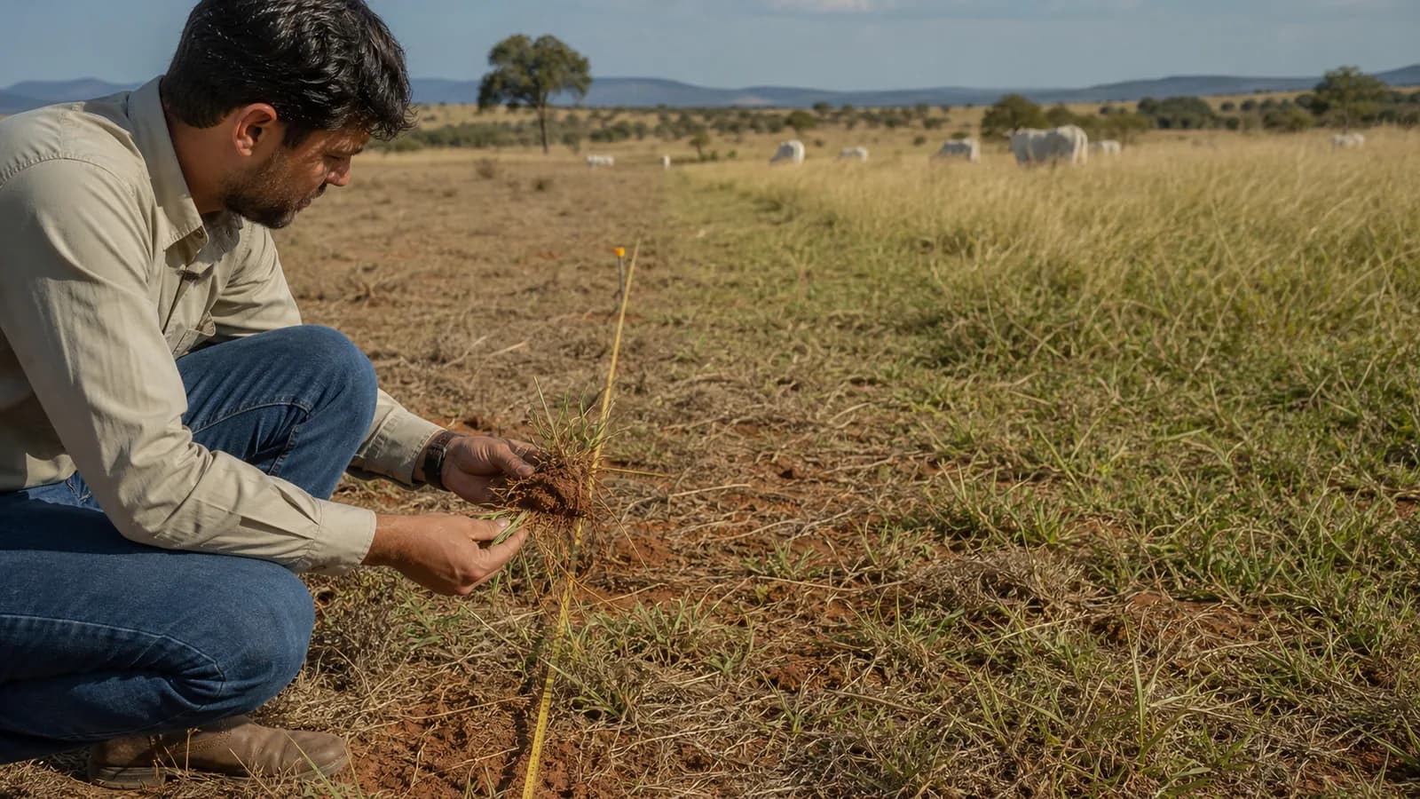 Agrônomo examina raízes e cobertura de uma pastagem em propriedade do Cerrado