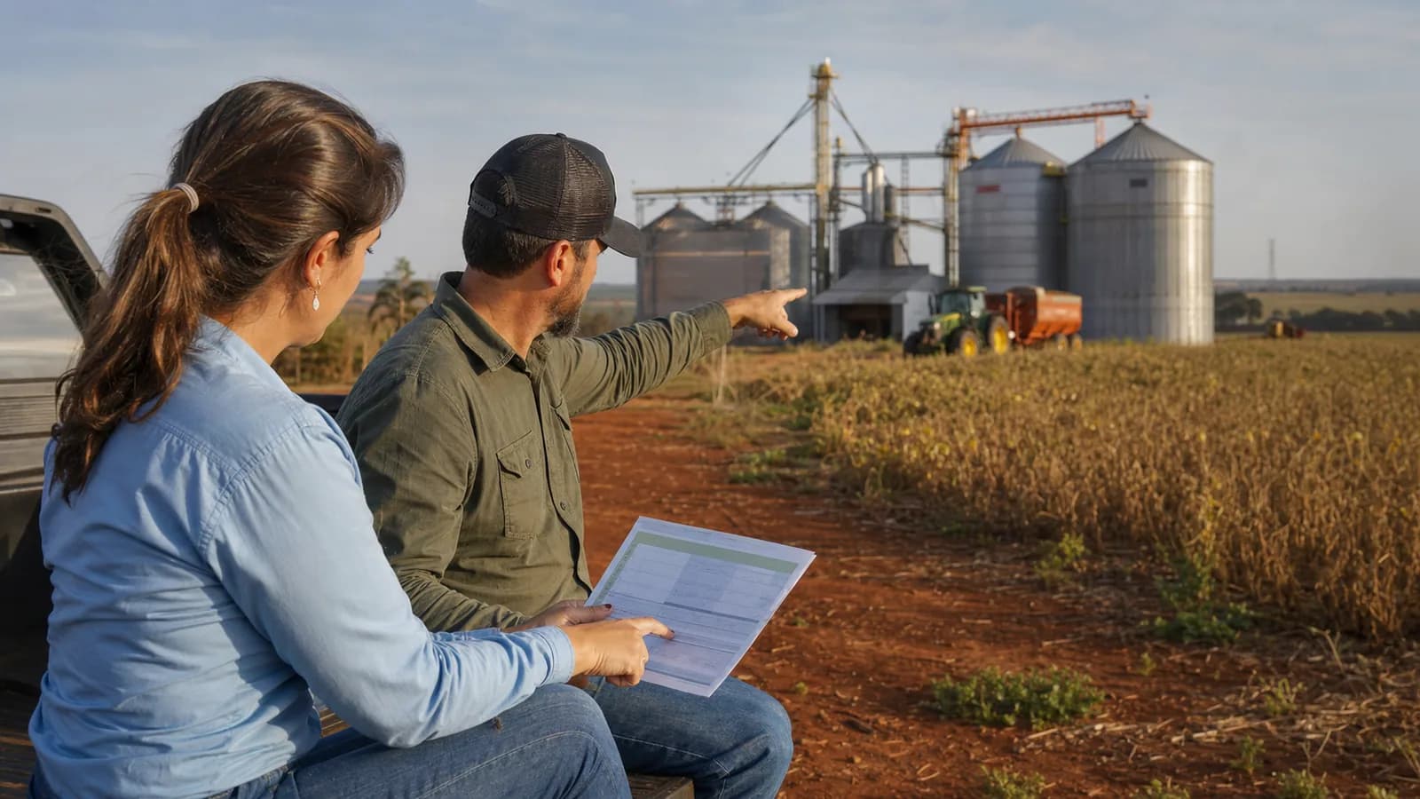 Produtor e técnica analisam um plano de investimento diante de uma lavoura no Cerrado