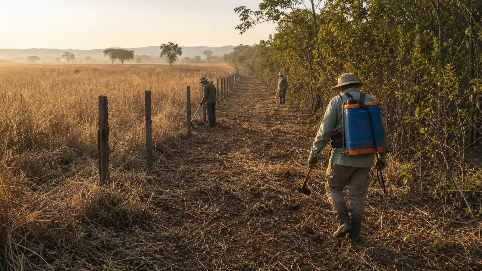 Equipe rural inspeciona aceiro preventivo em área de Cerrado durante a estação seca
