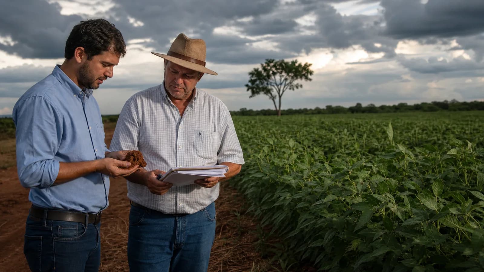 Agrônomo e produtor avaliam solo e calendário diante de lavoura no Tocantins